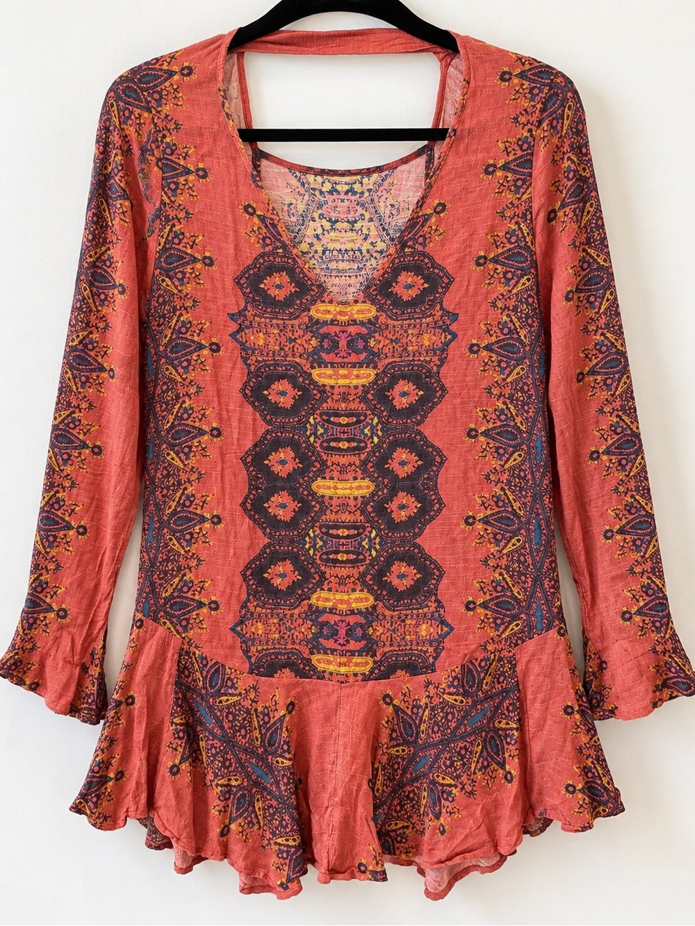 Free People Coral Paisley Open Back Ruffle Tunic Top Boho